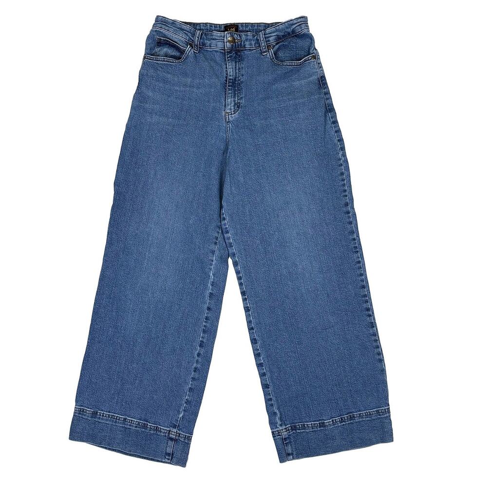 Lee Legendary High Rise Jean Trouser Women 14S Medium Wash Blue Stretch Wide Leg